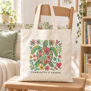 Persoonlijke kinderbloemenschildpad bibliotheektas tote bag