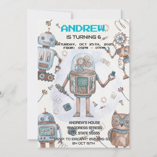 Persoonlijke kinderfeest uitnodiging jongens robot (Voorkant)