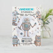 Persoonlijke kinderfeest uitnodiging jongens robot (Staand voorkant)