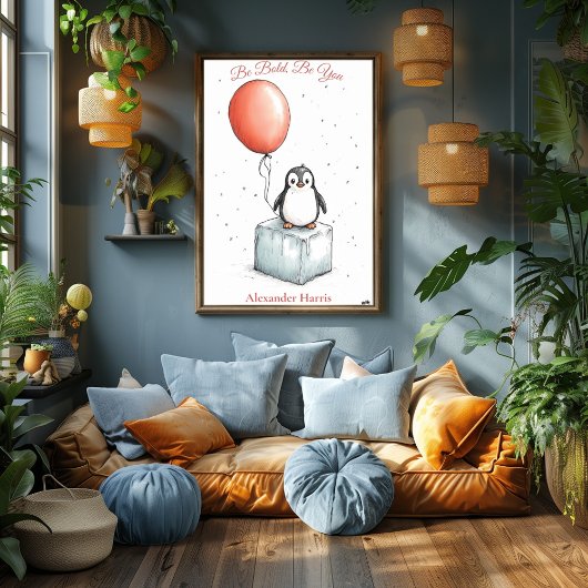 Persoonlijke kinderkamerkunst – Pinguïn & Rode Bal Perfect Poster