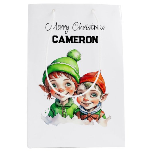 Persoonlijke Kleine Elfen Kerstmis Medium Cadeauzakje (Voorkant)