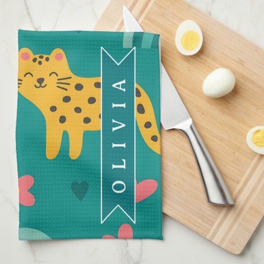 Persoonlijke Kleurrijke Pret Luipaard Jungle Naam  Theedoek (Quarter Fold)