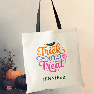 Persoonlijke Kleurrijke Trick or Treat Halloween Tote Bag