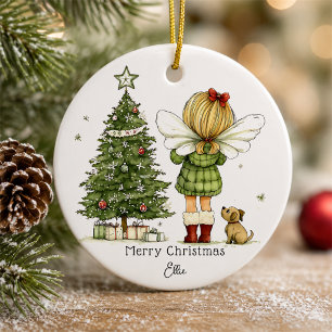 Persoonlijke knuffel fee en puppy Kerstmis Keramisch Ornament