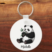 Persoonlijke knuffel panda beer met groene bamboe sleutelhanger (Voorkant)