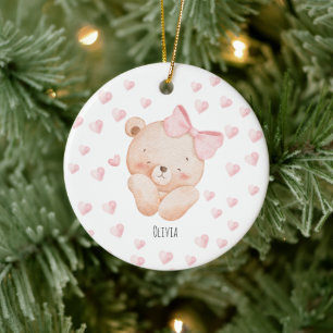 Persoonlijke knuffelbeer met roze harten keramisch ornament
