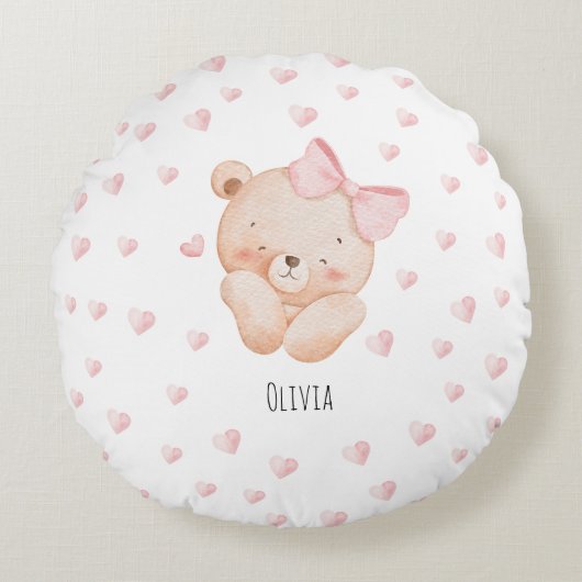 Persoonlijke knuffelbeer met roze harten rond kussen (Voorkant)