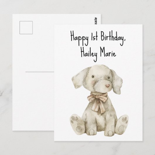 Persoonlijke knuffelhond voor de eerste verjaardag briefkaart (Voorkant / Achterkant)