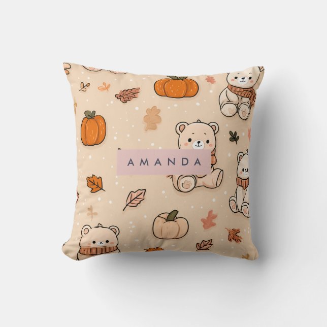 Persoonlijke knusse herfst pompoen & teddybeer kussen (Voorkant)