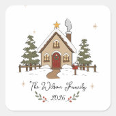 Persoonlijke knusse Kerst Cottage Vierkante Sticker (Voorkant)