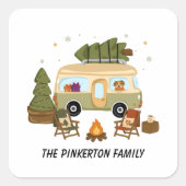 Persoonlijke knusse kerstcamper vierkante sticker (Voorkant)
