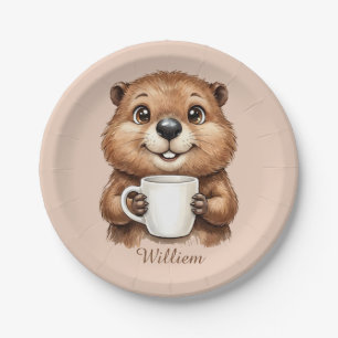 Persoonlijke knusse koffie bever bos ochtend papieren bordje