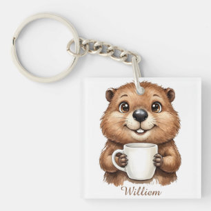 Persoonlijke knusse koffie bever bos ochtend sleutelhanger