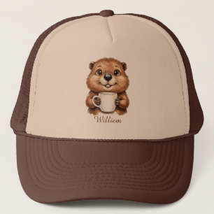 Persoonlijke knusse koffie bever bos ochtend trucker pet