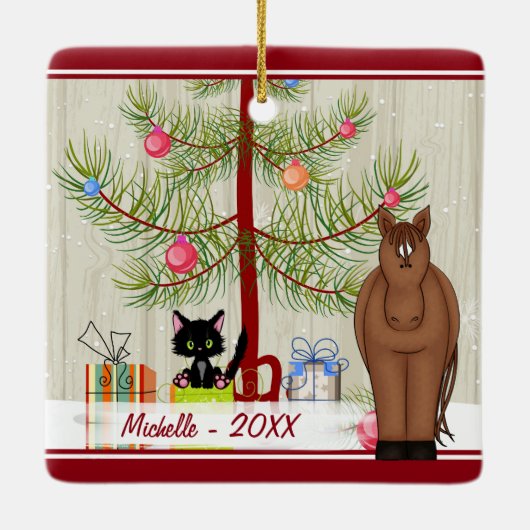 Persoonlijke koffiebruine paarden en Kitten met Ke Keramisch Ornament (Achterkant)