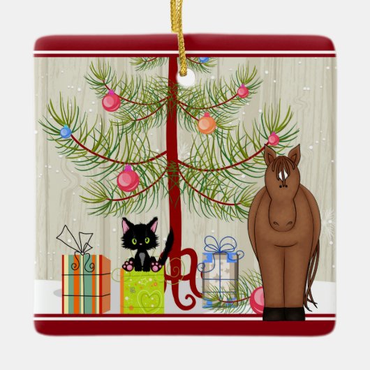 Persoonlijke koffiebruine paarden en Kitten met Ke Keramisch Ornament (Voorkant)