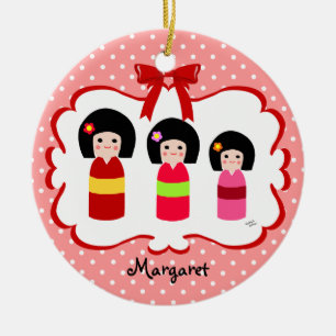 Persoonlijke Kokeshi Sisters Polka Dot Keramisch Ornament