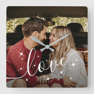 Persoonlijke koppel foto liefde script glans vierkante klok