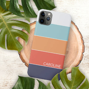 Persoonlijke Koraal Oranje Donkerblauw Groen Strep iPhone 15 Mini Hoesje