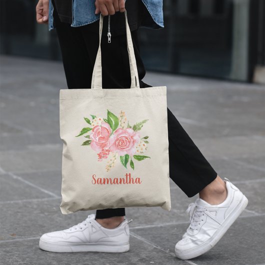 Persoonlijke koraalroze aquarelroos tote bag