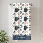 Persoonlijke koraalseeschildpad badhanddoek