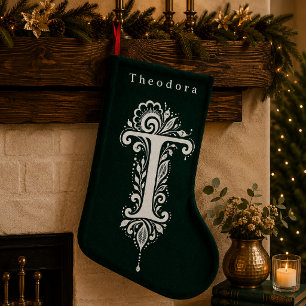 Persoonlijke Kous met Botanisch Letter T Monogram Kleine Kerstsok