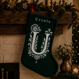 Persoonlijke Kous met Botanisch Monogram Letter U Kleine Kerstsok