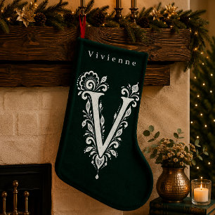 Persoonlijke Kous met Botanisch Monogram Letter V Kleine Kerstsok