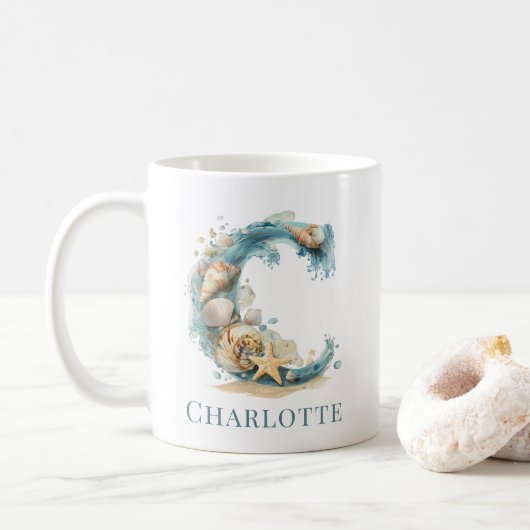 Persoonlijke Kust Monogram C Initiële Strand Koffiemok (Met donut)