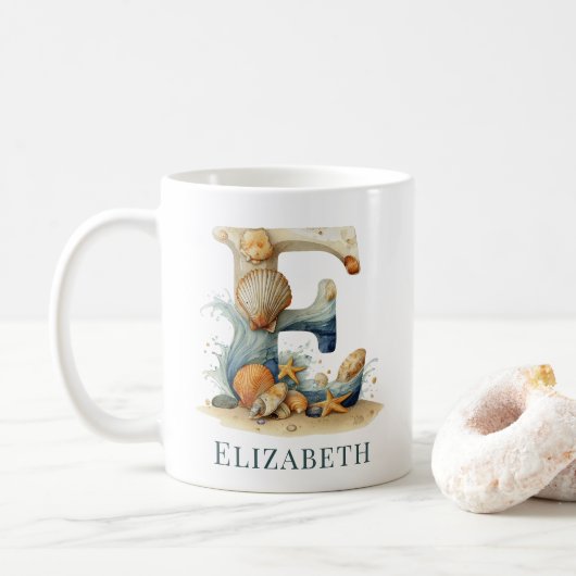 Persoonlijke Kust Monogram E Initiële Strand Koffiemok (Met donut)