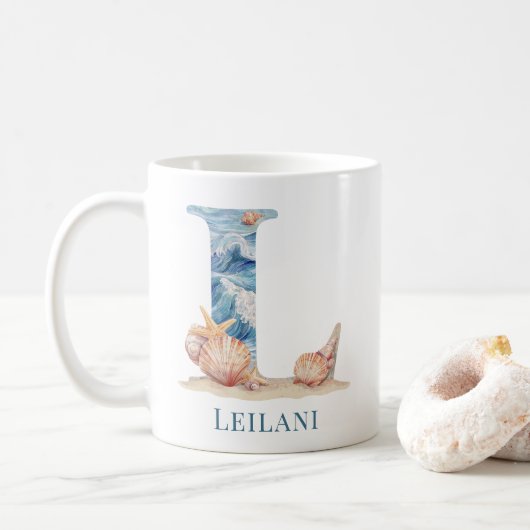 Persoonlijke Kust Monogram L Initiële Strand Koffiemok (Met donut)
