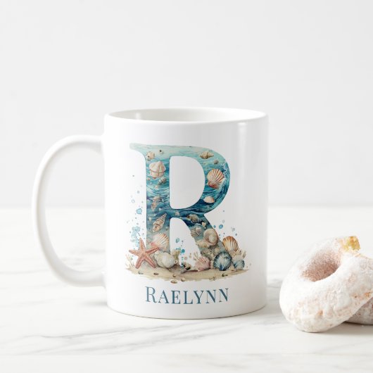 Persoonlijke Kust Monogram R Initiële Strand Koffiemok (Met donut)