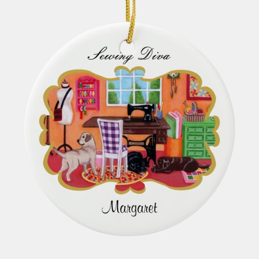 Persoonlijke labradors in Mam's naairuimte Keramisch Ornament (Voorkant)