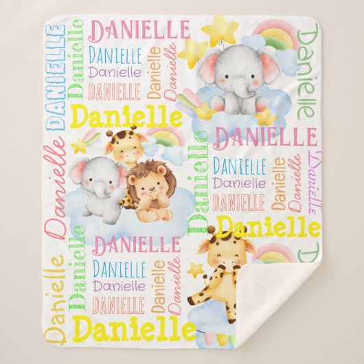 Persoonlijke lange meisjesnaam met babydieren sherpa deken (Voorkant)