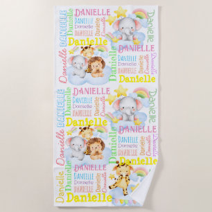 Persoonlijke lange meisjesnaam met babydieren strandlaken