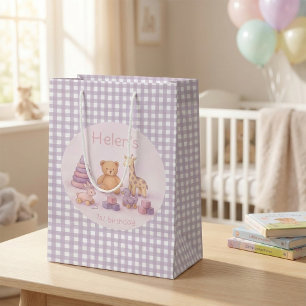 Persoonlijke lavendel geruite 1e verjaardag medium cadeauzakje