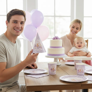 Persoonlijke lavendel geruite papieren 1e verjaard feesthoedjes