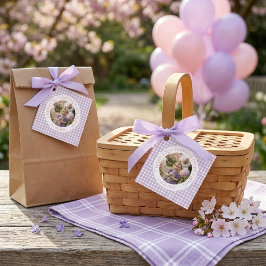Persoonlijke Lavendel Gingham 1e Verjaardag Foto Bedankjes Labels