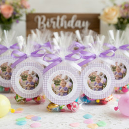 Persoonlijke Lavendel Gingham 1e Verjaardag Foto Ronde Sticker