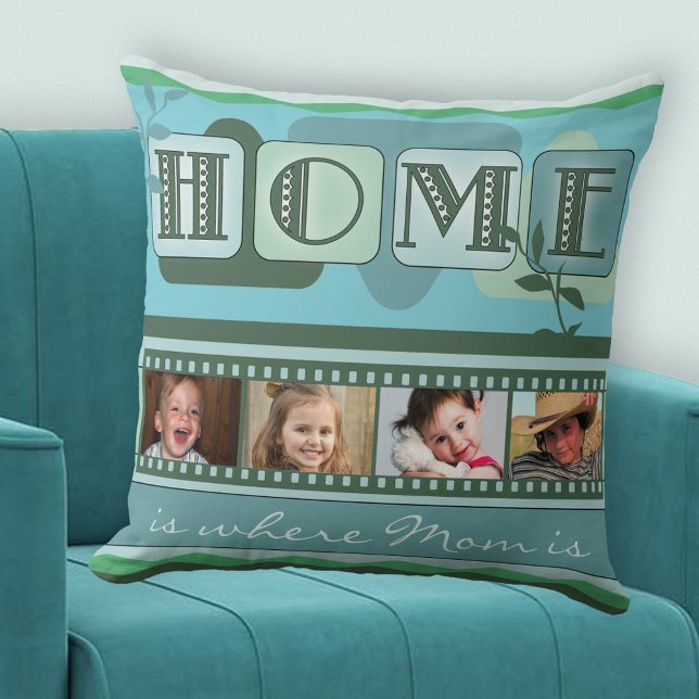 Persoonlijke Leafy Green Photo Pillow Kussen (A modern teal green pillow with a "Home is ..." theme with your own photos - Mother's Day - birthday)