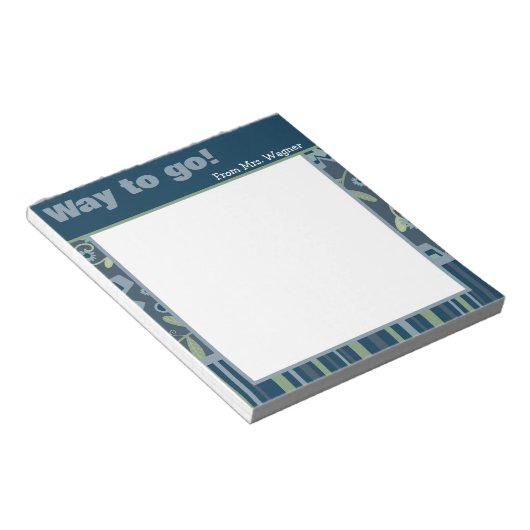 Persoonlijke leraar blauw bloemig gestreept modern notitieblok (Schuin)