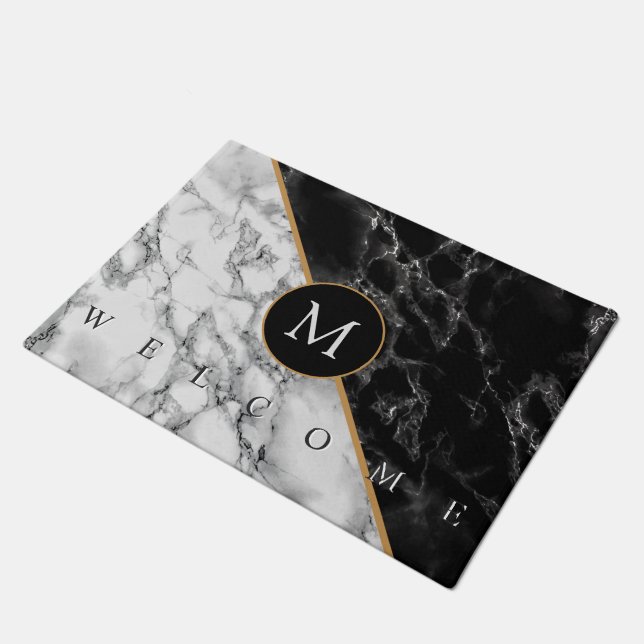 Persoonlijke Letter Black White Marble Doormat Deurmat (Schuin)