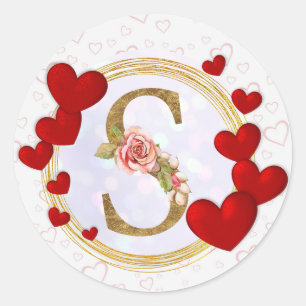 Persoonlijke Letter Bloemige Monogram en Rode Hart Ronde Sticker