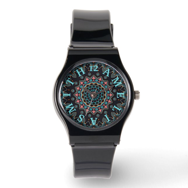 Persoonlijke Letter Draaiknop Boho Mandala Kunst Horloge (Voorkant)