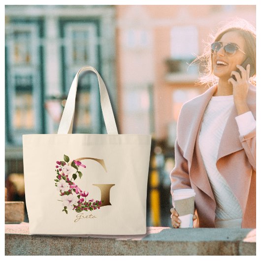 Persoonlijke Letter G Elegant Bloemmotief Gouden M Grote Tote Bag