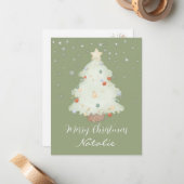 Persoonlijke leuke saliegroene kerstboom sneeuw notitiekaartje (Voorkant / Achterkant in situ)