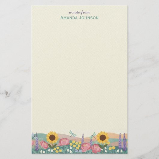 Persoonlijke Libelle Bloemenveld Aangepaste Naam Briefpapier (Voorkant)