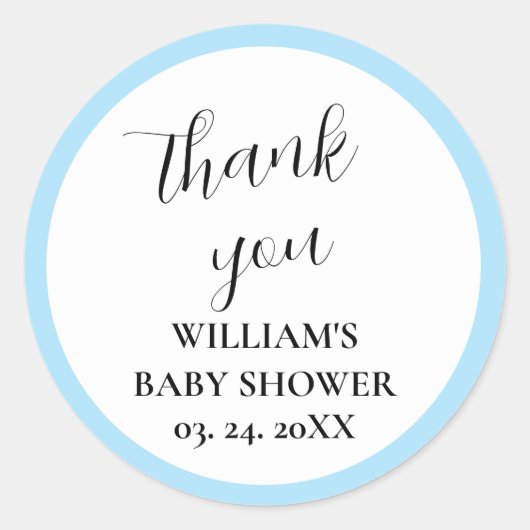 Persoonlijke lichtblauwe en witte baby shower  ronde sticker (Voorkant)