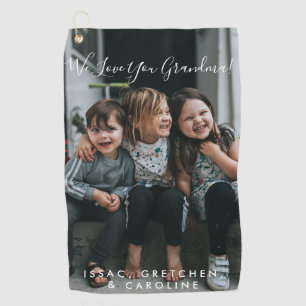 Persoonlijke liefde voor grootmoeder foto handgesc golfhanddoek