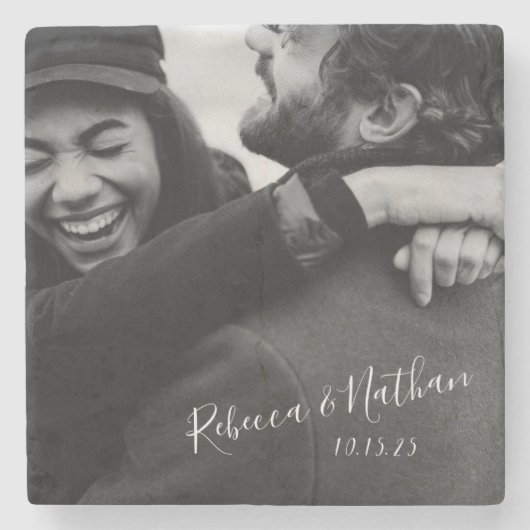 Persoonlijke Liefdeskoppel Foto Trouwdatum Stenen Onderzetter (Voorkant)